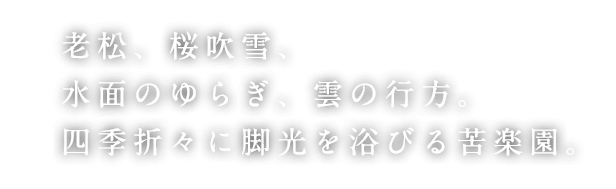 老松、桜吹雪、水面のゆらぎ、雲の行方。四季折々に脚光を浴びる苦楽園。