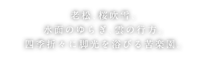 老松、桜吹雪、水面のゆらぎ、雲の行方。四季折々に脚光を浴びる苦楽園。